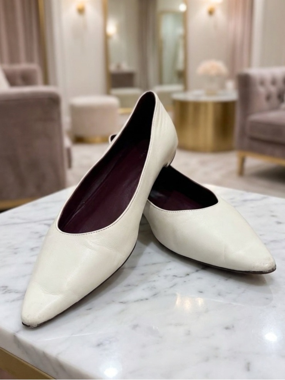 The Row Claudette Ivory Leather Ballet Flats Pointed Toe Vibram Sole Added 7.5